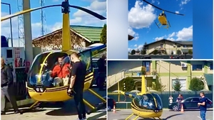 Imagini virale! Un elicopter a aterizat într-o benzinărie în Curtea de Argeș. Localnicii au rămas cu gura căscată: „A băgat GPL de 50 lei!”