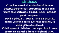 BANC | O bunicuță mică și cochetă intră într-un autobuz aglomerat
