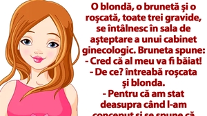 BANC | O blondă, o brunetă și o roșcată, toate trei gravide, se întâlnesc în sala de așteptare a unui cabinet ginecologic