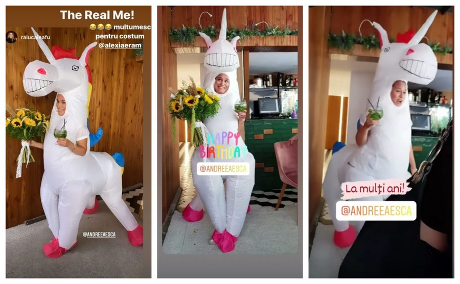 Ieri, Andreea Esca a fost filmată în timp ce era îmbrăcată într-un costum de unicorn la o terasă din București © Instagram Stories