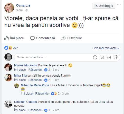 Mesajul ironic al Oanei pentru Viorel Lis: ”Dacă pensia ar vorbi…”