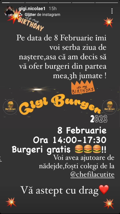 Gigi Burger, cadou de ziua de naștere. Sursa foto: story Instagram