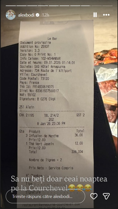 Câte sute de euro a plătit Alex Bodi pentru 4 porții de ceai la Courchevel, în Franța. Musculosul a postat dovada și un mesaj acid cu directie!