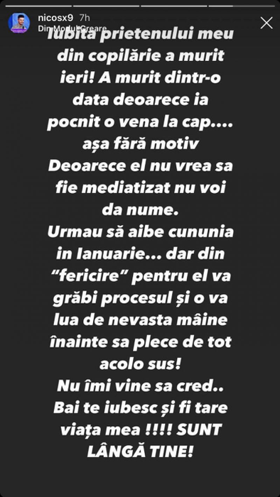 Acesta este mesajul emoționant publicat de Nicos, unul dintre tinerii care participă în sezonul 3 de la “Puterea Dragostei” © Instagram Stories