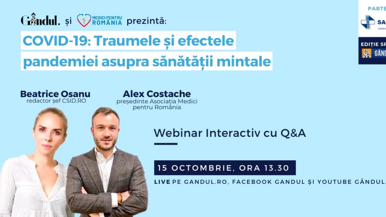 Află care sunt efectele statului în casă asupra psihicului și cum controlăm anxietatea pe timp de pandemie! Astăzi de la 13.30 în webinarul LIVE - Traumele și efectele pandemiei asupra sănătății mintale!