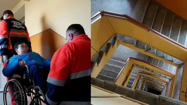 Incredibil! Copil în scaun cu rotile, transportat pe scări 7 etaje. Motivul scandalos pentru care liftul nu funcționa
