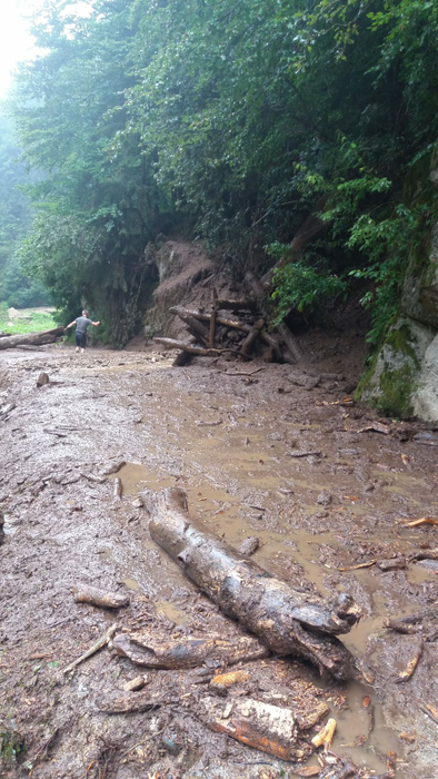 20 de turiști blocați pe Valea Cernatului, după ce drumul a fost rupt de aluviuni. Imagini apocaliptice