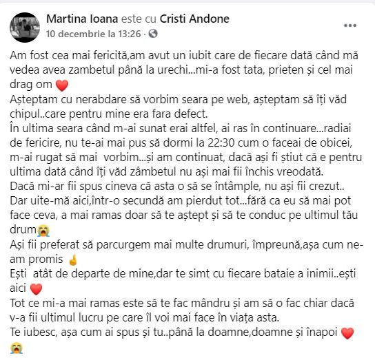 Potrivit mărturisirilor făcute de Martina, în ultima seară în care a vorbit cu iubitul ei prin intermediul unui apel video, acesta i-a cerut să nu închidă la ora la care își luau la revedere de obicei © Facebook