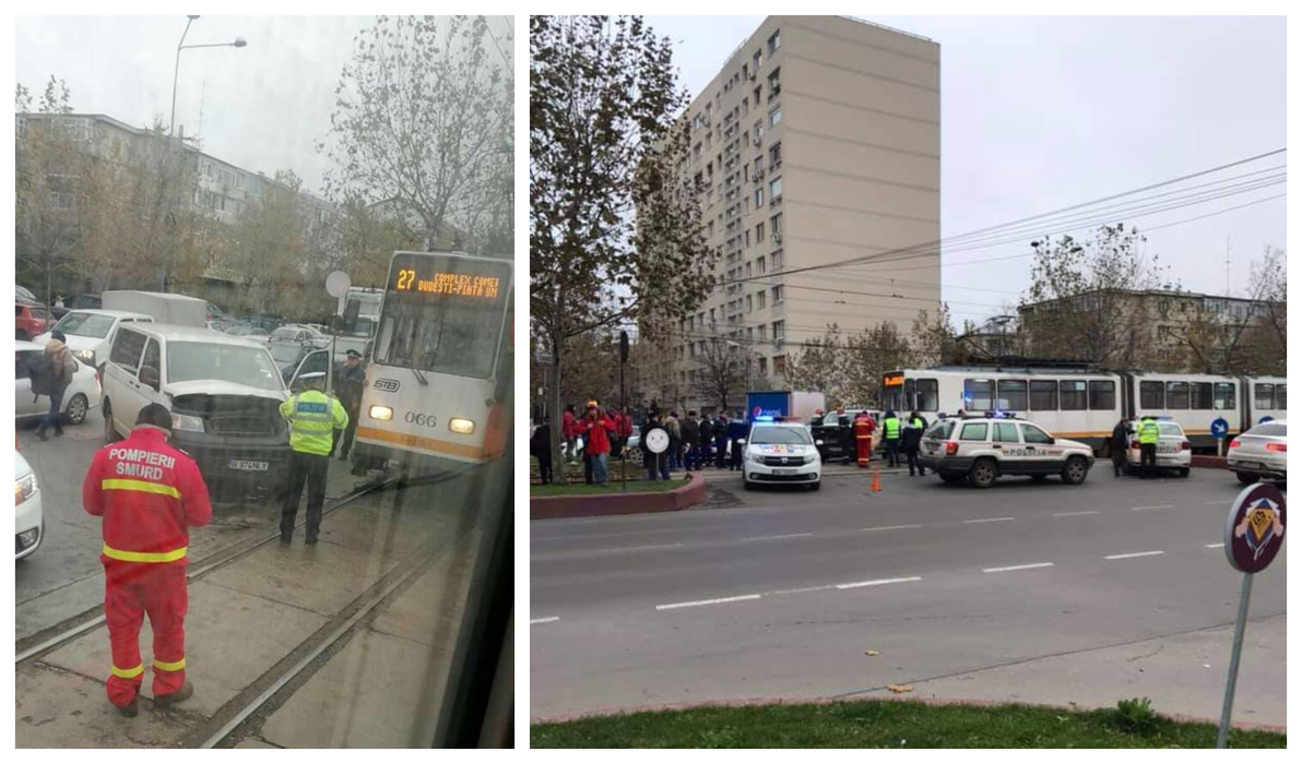 Accident în București între un tramvai și o dubă. În urma impactului violent, doi oameni au ajuns la spital