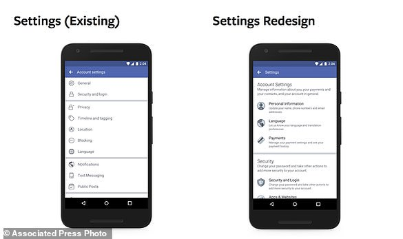 This undated product image provided by Facebook shows a redesign of Facebook's privacy tools. Facebook announced the redesign on Wednesday, March 28, 2018. The changes won't affect Facebook's privacy policies or the types of data it gathers on users. But the company hopes its 2.2 billion users will have an easier time navigating its complex and often confusing privacy and security settings. (Facebook via AP)