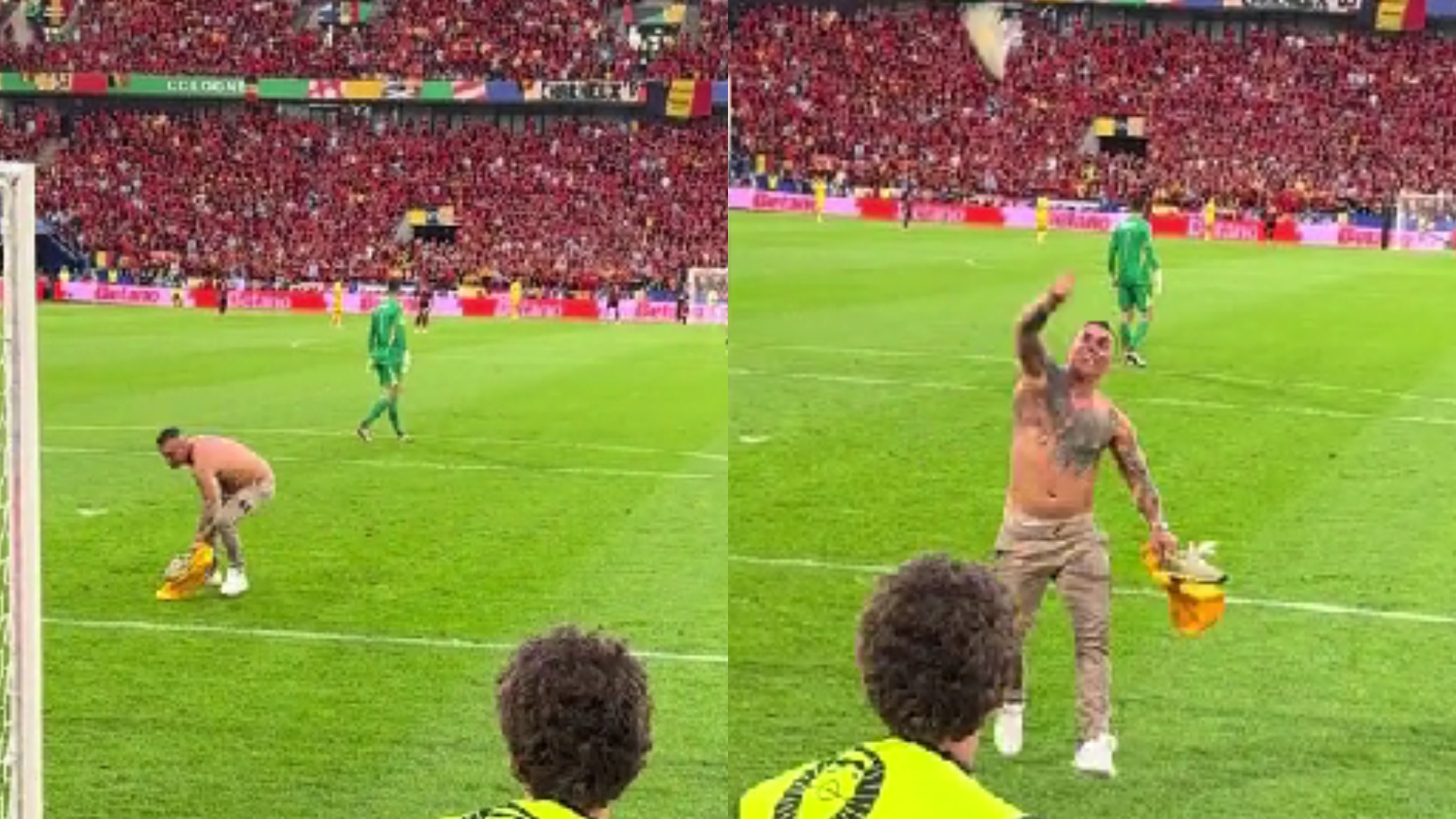 Ce a făcut un spectator român, în pielea goală, după ce a intrat în teren: "Ia, bă, adidasu'". Imagini virale de la meciul României!