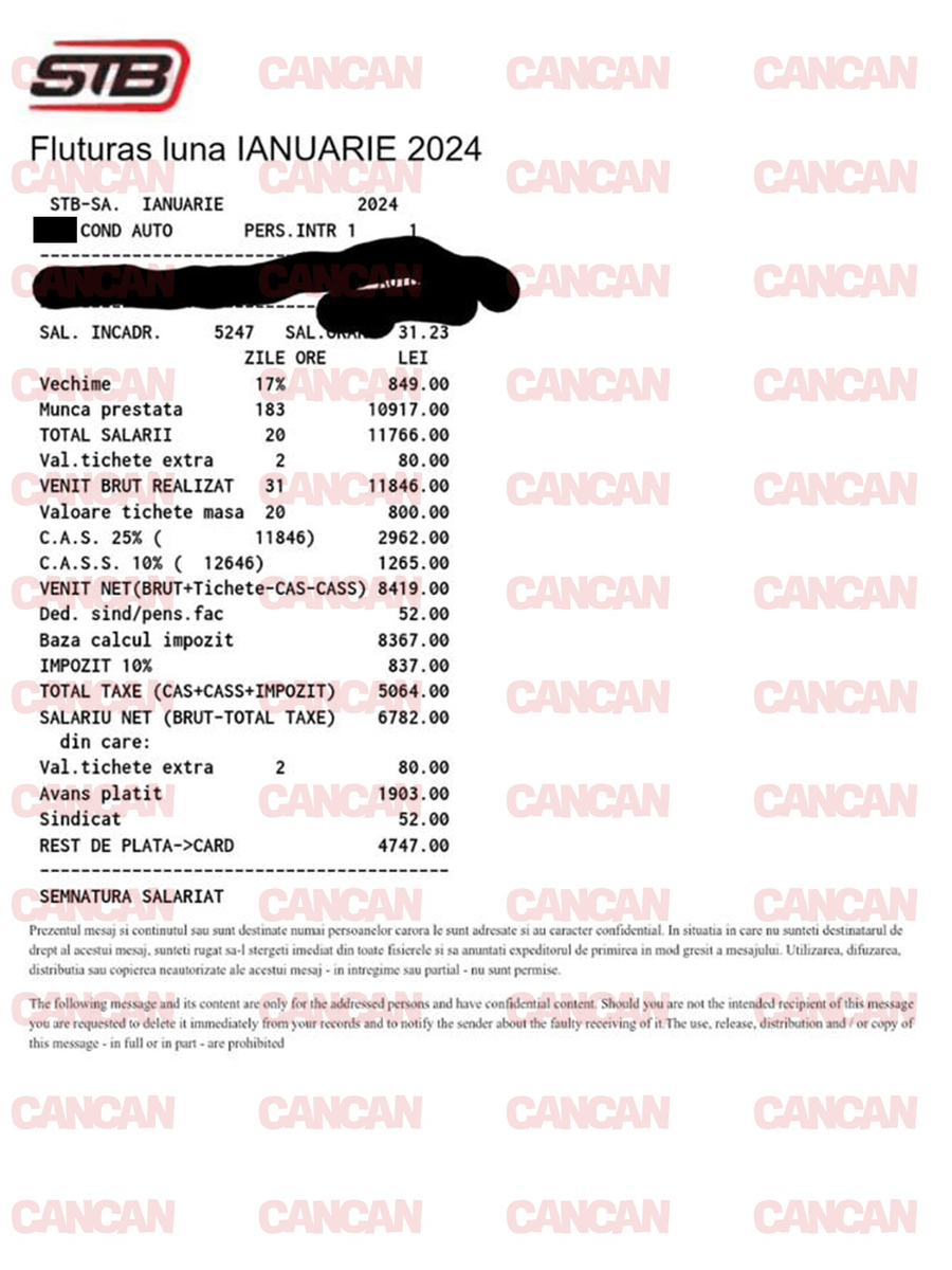 Salariu încasat de un șofer STB în luna ianuarie a acestui an / sursă: Cancan.ro