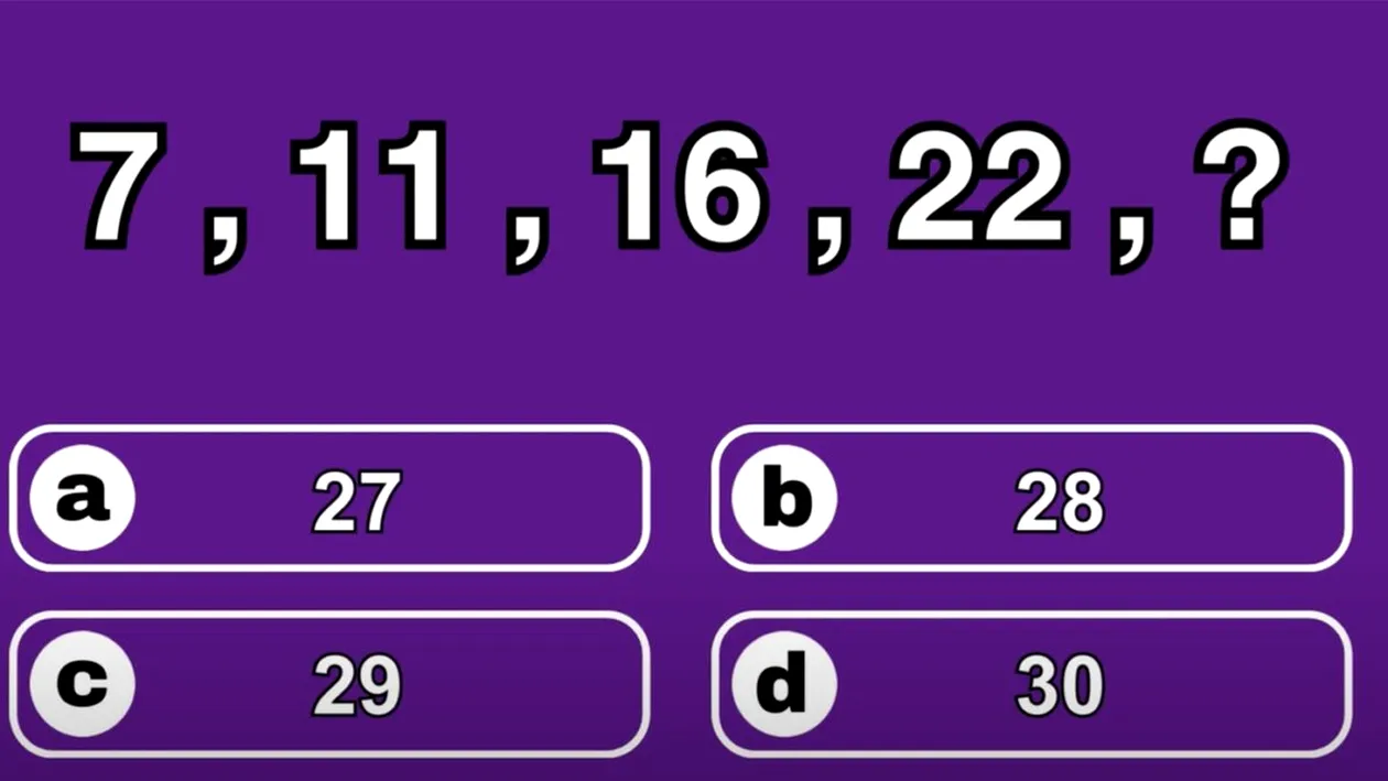 Test de inteligență | 7, 11, 16, 22. Ce număr urmează: 27, 28, 29 sau 30?