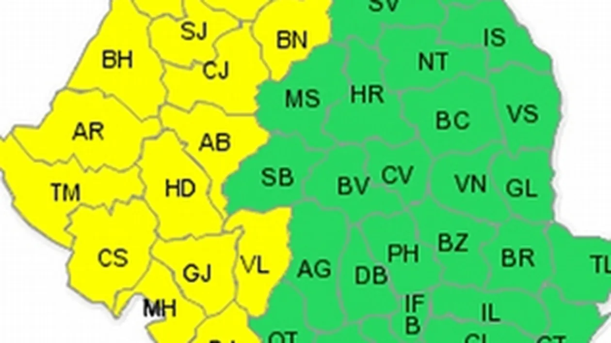 AVERTIZARE Cod galben de ploi torentiale si caderi de grindina pentru jumatatea de vest a tarii!