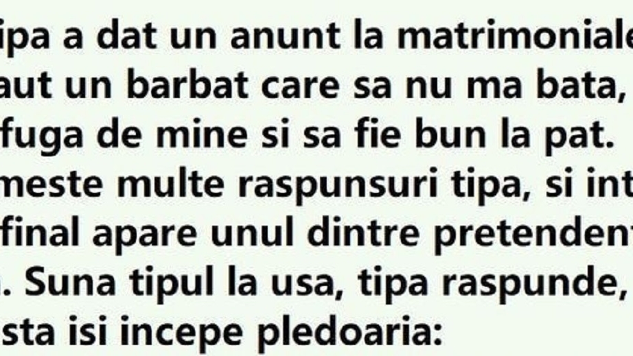 BANC | Anunț la matrimoniale: ”Caut un bărbat care să nu mă bată, să nu fugă de mine și să fie bun la pat”