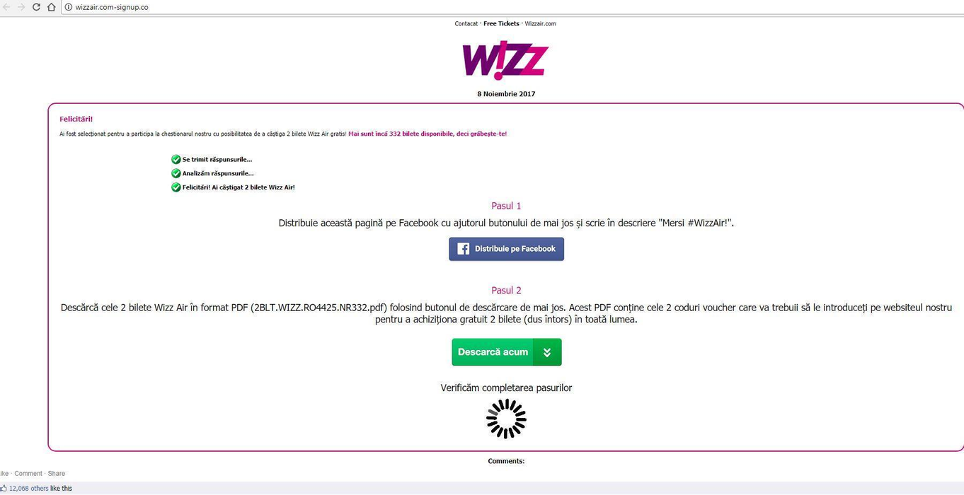 Ofertele de pe Facebook cu biletele gratuite de la WizzAir sunt ţepe! Cardurile a mii de români au fost golite