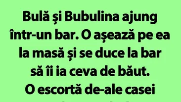 Bancul de marți | Bulă și Bubulina ajung într-un bar. O așează pe ea la masă și se duce la bar să îi ia ceva de băut