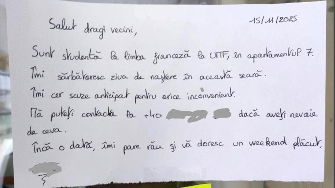 Bilețelul lipit pe afișier prin care o studentă din Cluj și-a anunțat vecinii că "îmi sărbătoresc ziua în această seară". Ce s-a întâmplat la 23:59