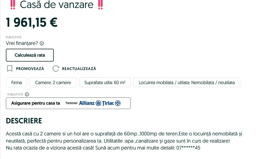 Localitatea din România în care poți cumpăra o casă ci doar 1961 de euro. SURSA FOTO: olx.ro