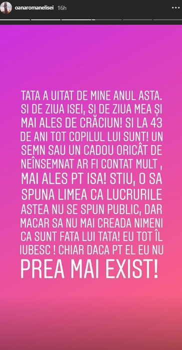 Oana Roman, mărturisire cutremurătoare despre tatăl ei: „O să zică lumea că lucrurile astea nu se spun public”
