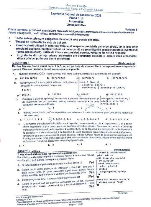 Subiecte la Informatică (partea I)