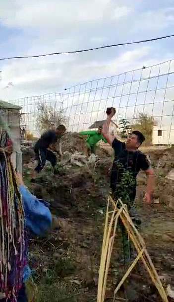 Ogică aruncă cu pietre peste gard
