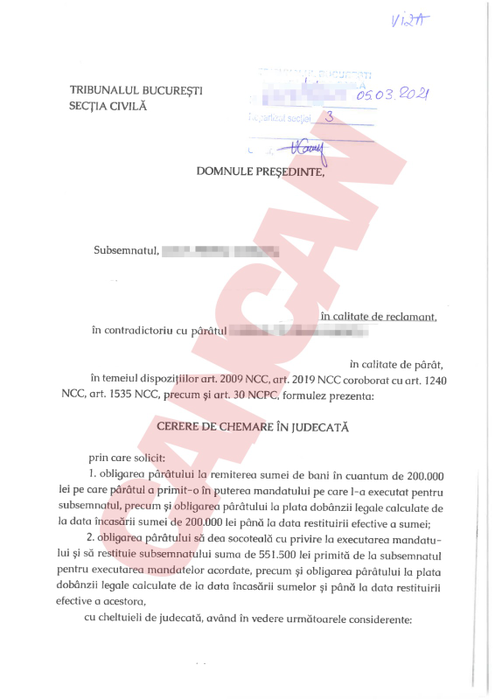 Captură din cererea de chemare în judecată semnată de Adrian Petru Luca