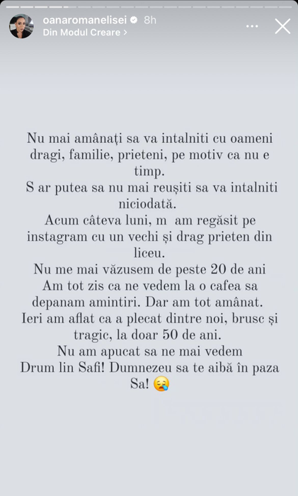 Oana Roman este în doliu. Foto: Instagram / Oana Roman