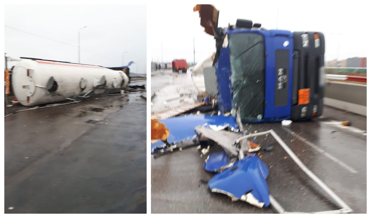 Șoferul unei cisterne pline cu motorină s-a răsturnat în Prahova și a distrus 2 TIR-uri parcate