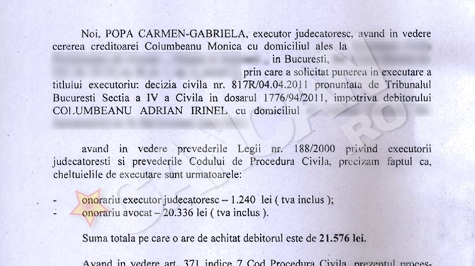 "Facut de bani" de avocatii si executorii Monicai! Cum a ajuns Columbeanu sa plateasca taxe legale de 21 de ori mai mari?