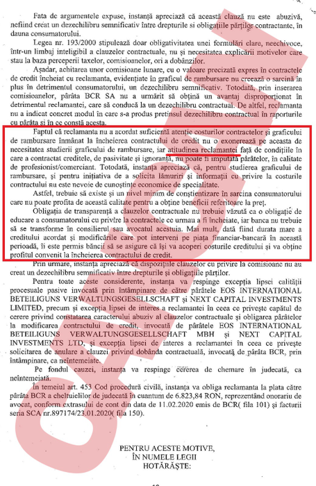 Motivarea sentinței date de judecătoare în procesul femeii de serviciu cu banca
