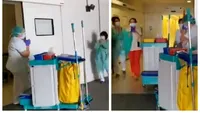 VIDEO. Imagini emoționante! Femeile de serviciu din spitale au fost aplaudate minute în șir de cadrele medicale