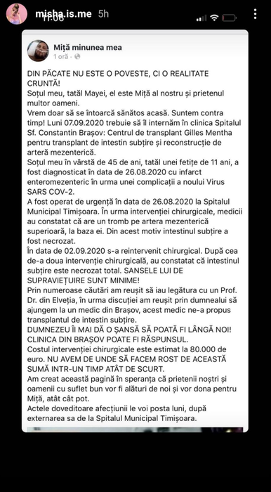 Misha, apel impresionant pentru salvarea unui bărbat: “Tatăl unei fetițe de 11 ani a fost diagnosticat cu…”