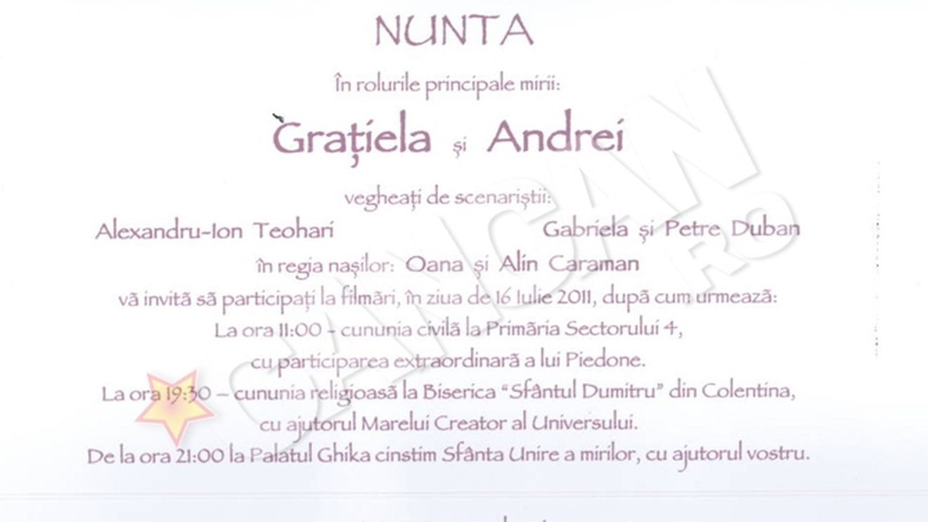 Andrei Duban si Gratiela sunt inventivi!  Au facut invitatii la nunta sub forma de generic de film!