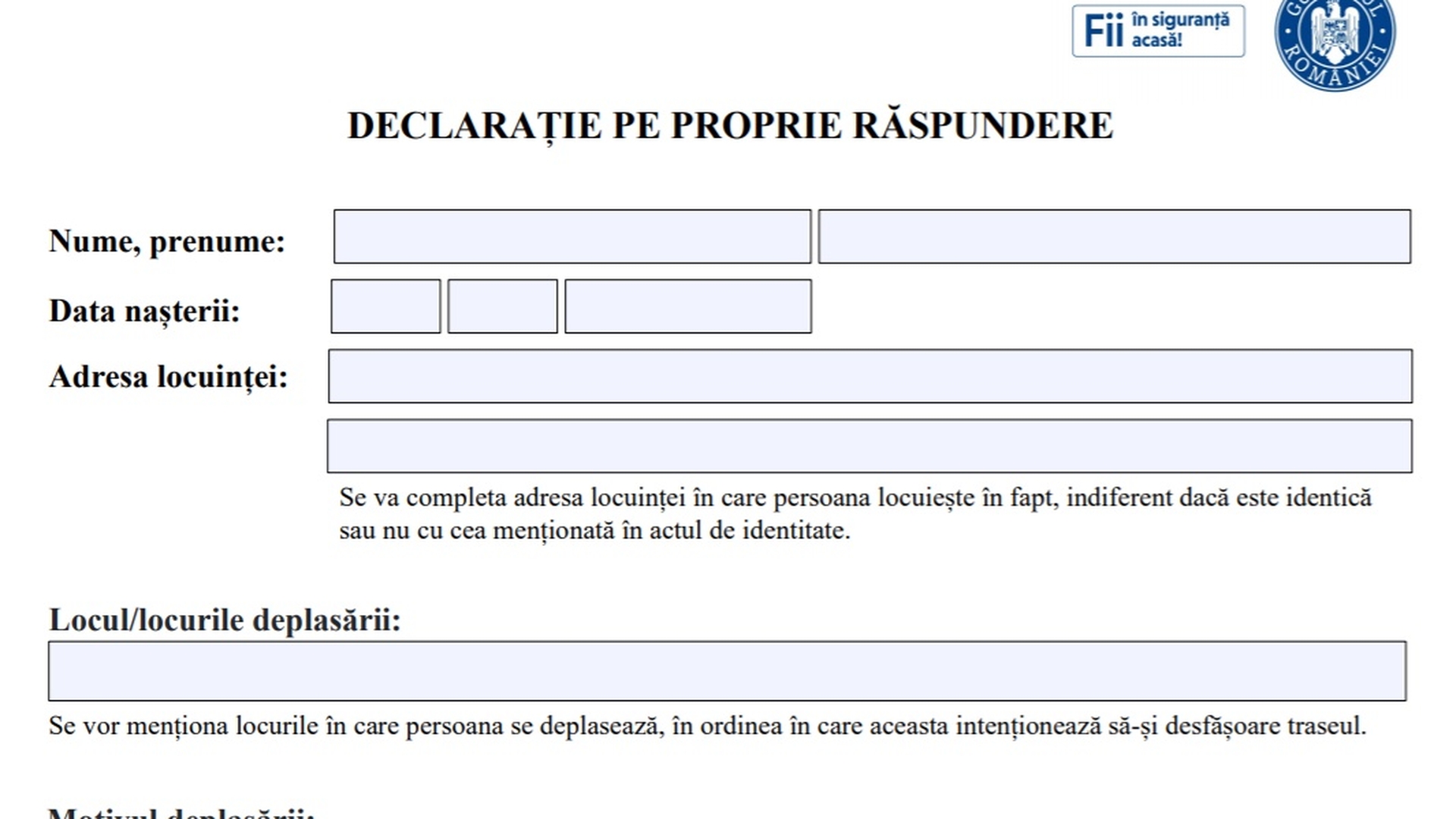 Acesta este modelul noii declarații pe propria răspundere. Interdicţia de circulaţie după ora 22:00, valabilă de duminică