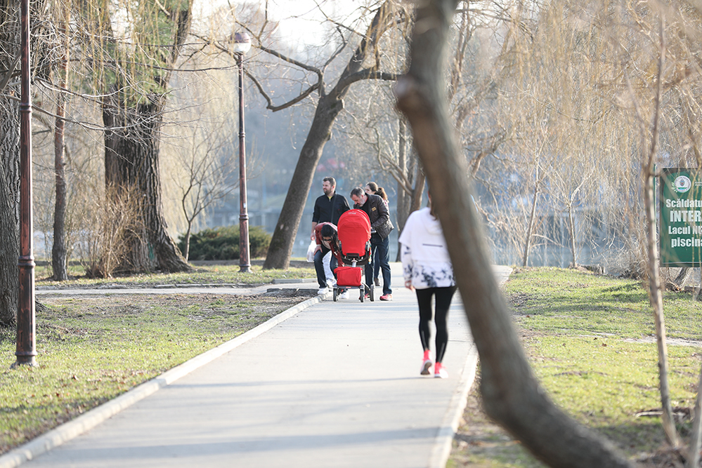 Andreea Pană şi Costică Constanda, în parc, cu copilul lor