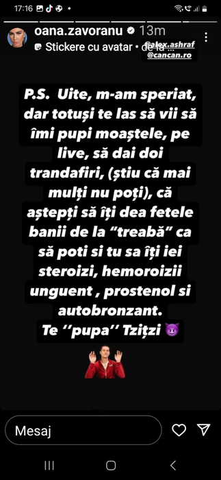 Oana Zăvoranu îl ”pulverizează” pe Alex Bodi cu un mesaj halucinant! ”Mi-a fost teamă că îmi poți fura colanții!”