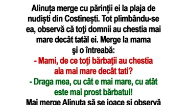 BANC | Alinuța merge cu părinții ei la plaja de nudiști din Costinești: Mami, de ce toţi bărbaţii au chestia aia mai mare decât tati?