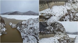Ninge ca în povești la Barajul Vidraru. Imagini de colecție cu stăvilarul golit de apă, dar acoperit de o 'pătură' proaspătă de omăt