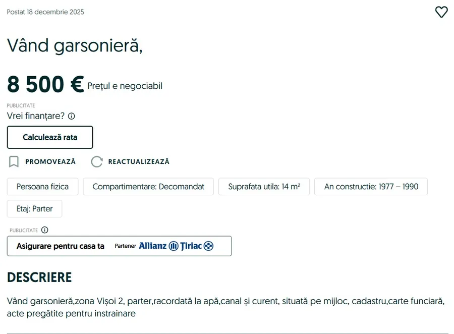 Unde îți poți cumpăra, în România, o garsonieră cu doar 8.500 de euro. Este la parter/ sursă foto: OLX