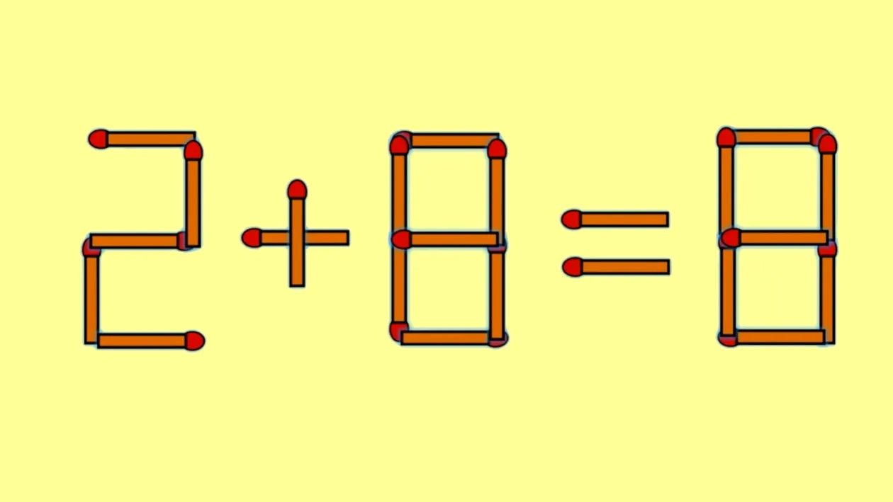 Test IQ cu chibrituri | Mutați un singur băț, pentru a corecta 2 + 8 = 8