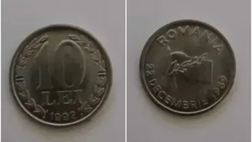Prețul ireal la care se vinde o monedă de 10 lei din 1992, acum, în anul 2023. A fost emisă pentru comemorarea Revoluției