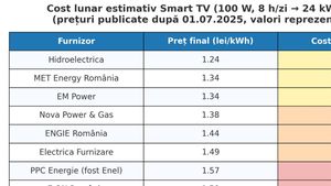 TABEL | Câți lei plătim în fiecare lună pentru un singur televizor smart, în funcție de furnizorul de energie electrică