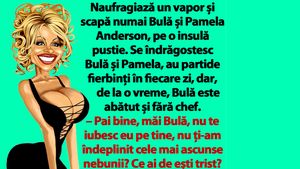 BANC | Naufragiază un vapor și scapă numai Bulă și Pamela Anderson, pe o insulă pustie