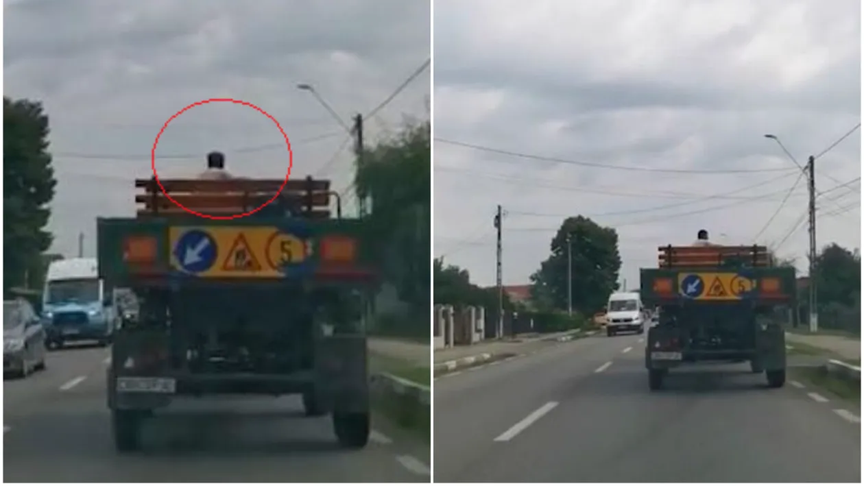 Imaginile zilei | La plimbare cu băncuța prin Găești. Ce a surprins un șofer în trafic, în județul Dâmbovița