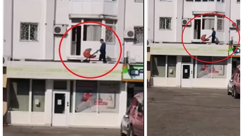 FOTO. Imagini ireale, în Pitești! Ce modalitate inedită a găsit un tătic pentru a-și plimba copilul, în contextul pandemiei de coronavirus
