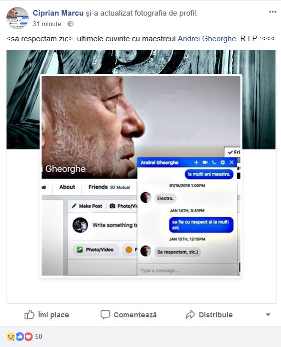 A murit Andrei Gheorhe. Ce mesaj impresionant i-a trimis unui prieten pe Facebook! Ultimele cuvinte cu maestrul