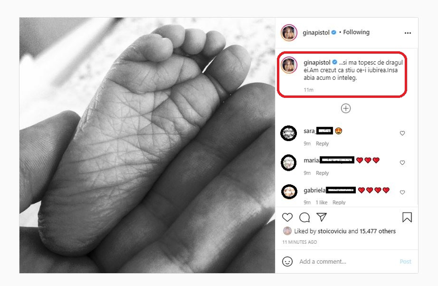 Gina Pistol a publicat azi o imagine de colecție cu fiica sa, căreia i-a pus numele Josephine Ana © Instagram