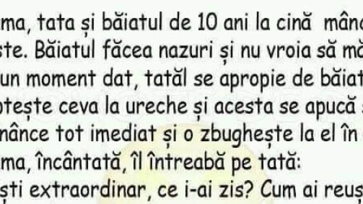 BANC | Mama, tatăl și fiul iau cina împreună