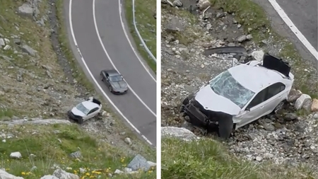 S-a oprit pe Transfăgărășan să facă poze, iar mașina i-a căzut într-o râpă. Șoferița uitase să tragă frâna de mână
